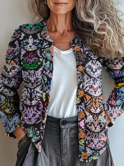 Lovely Cat Repeat Pattern Printed Buttoned Cardigan Sweater