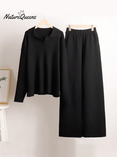 Women's Knitted Polo Collar Sweater And Knitted Wide Leg Pants Two-Piece Set Outfit
