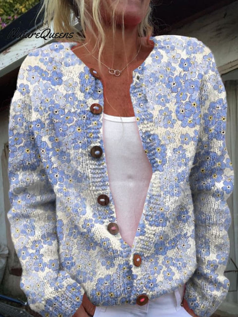 Beautiful Blue-purple Flowers Print Buttoned Cardigan Sweater
