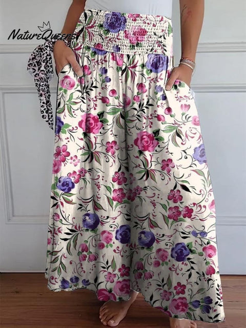 Women's Pastoral Blue and Purple Floral Print Cotton Wide Leg Pants