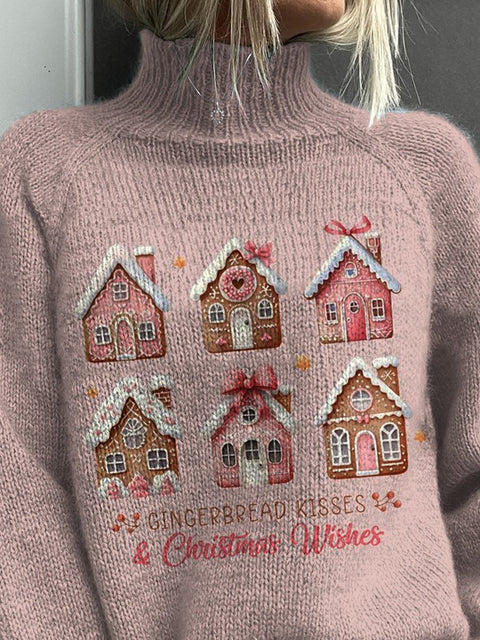 "Gingerbread Kisses & Christmas Wishes" Christmas Gingerbread Graphic Printed Knit Turtleneck Pullover Sweater
