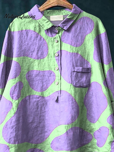Lovely Cow Print Pattern Printed Women's Casual Cotton And Linen Shirt