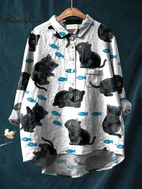 Women's Fun and Cute Little Black Cats and Small Fish Print Casual Cotton And Linen Shirt