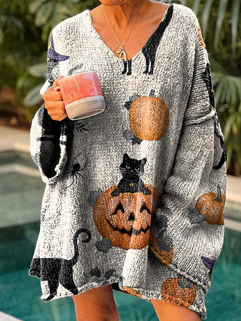 Halloween Pumpkin black cat Fall Women's Casual Pullover Sweater