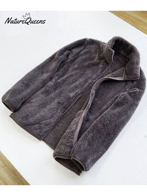 Women's Autumn and Winter Long Velvet Polar Fleece Zipper Jacket Warm Double-Sided Coral Fleece Fleece Jacket