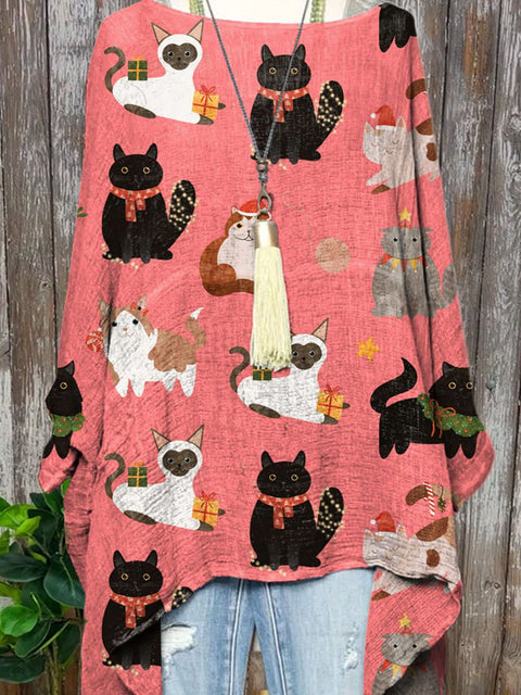 Women's Lovely Christmas Cats Art Print Pocket Cotton Top