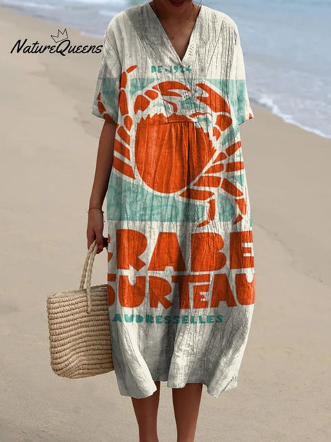 Women's Red Crab Watercolor Splash Fluid Art Print Flowy Dress