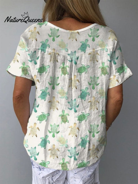 Little Sea Turtle Pattern Printed Women's Casual Cotton And Linen Shirt