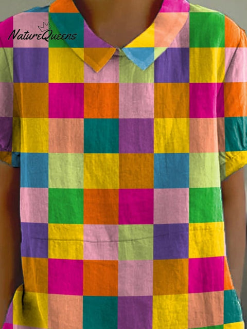 Rainbow Color Check Pattern Printed Women's Casual Cotton And Linen Shirt