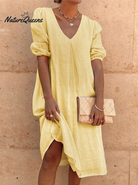 Cotton And Linen Solid Color Long Sleeve Casual Midi Dress