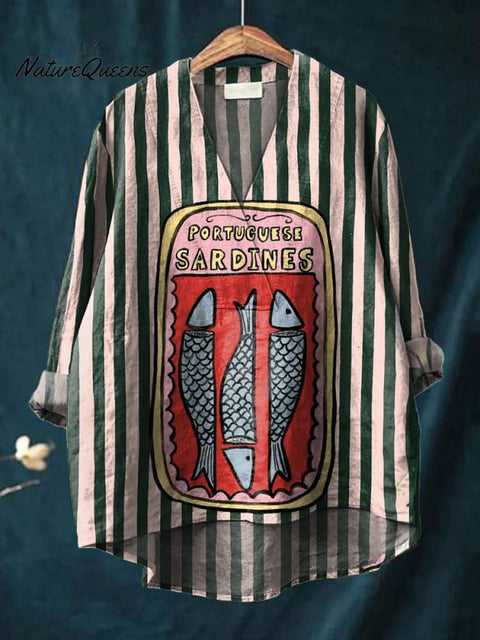 Women's Green Striped Sardines Print Casual Cotton And Linen V-neck Shirt