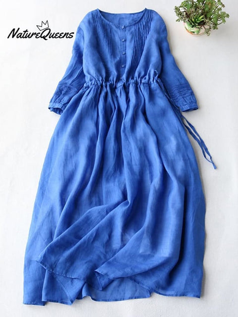 Medium Sleeved Cotton Linen Loose Lace Up Pleated Large Swing Dress