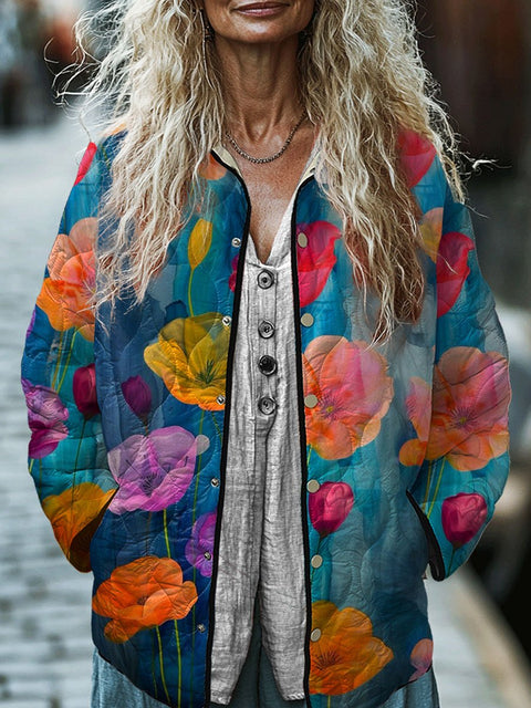 Women's Flower Art Print  Casual Quilted Jacket