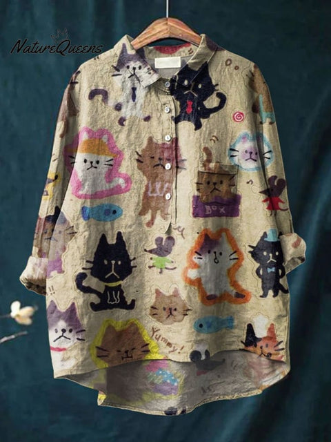 Women's  Cat Print Casual Cotton And Linen Shirt