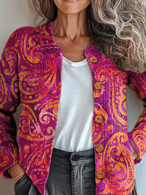 Watercolor Paisley Pattern Printed Buttoned Cardigan Sweater