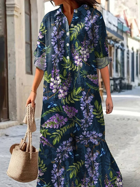 Lavender Repeat Pattern Printed Women's Pocket Cotton Dress