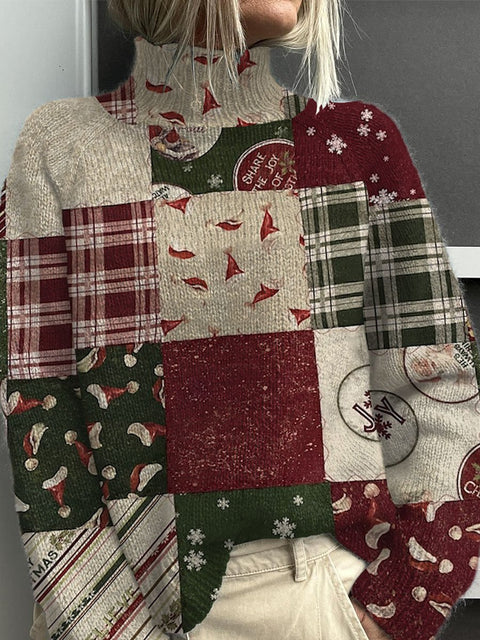 Retro Christmas Art Print Knit Turtleneck Pullover Sweater
