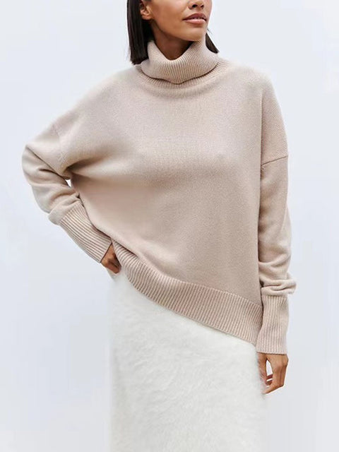 Women's Stylish Casual Long Sleeve Loose Soft Turtleneck Solid Color Knitted Pullover Sweater