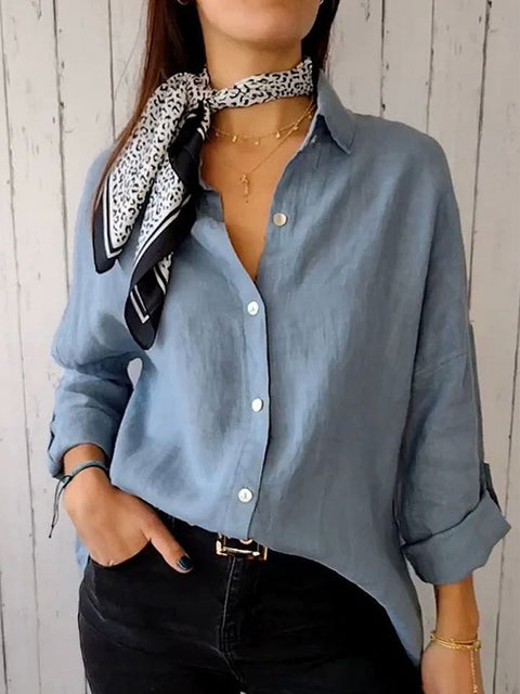 Women's Stylish Lapel Fashion Solid Color Button Long Sleeve Casual Shirt