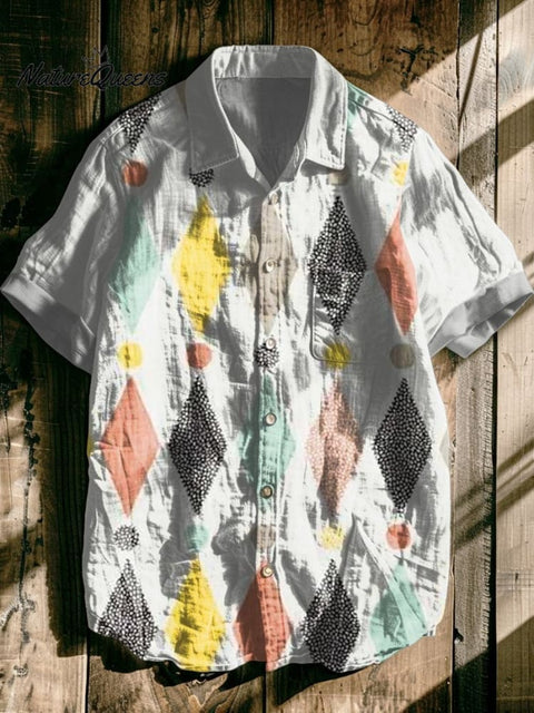 Rhombus Color Splicing Art Print Casual 100% Cotton Shirt