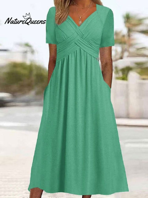 Women's Half Sleeve V-neck Solid Color Pockets Midi Dress