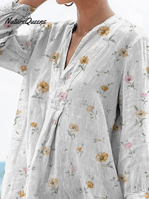 Petite Spring Floral Pattern Printed Women's Casual Linen V-neck Shirt