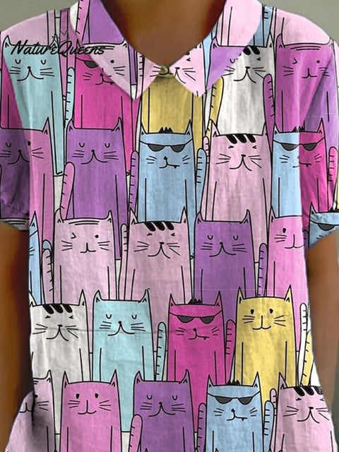Lovely Cartoon Cat Repeat Pattern Printed Women's Casual Cotton And Linen Shirt