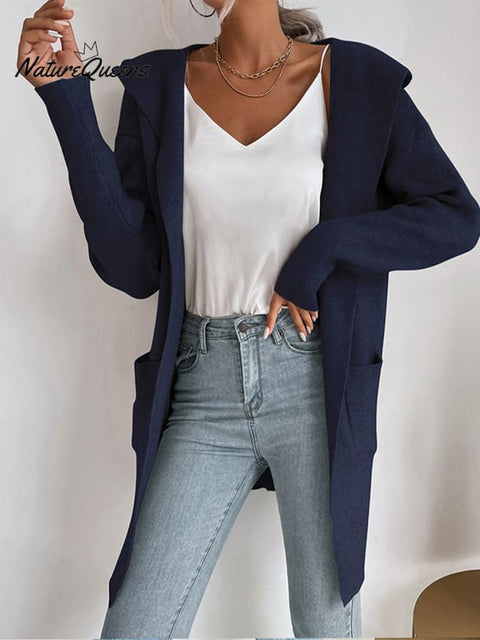 Autumn and Winter Women's Hooded Pit Knitted Sweater Cardigan Jacket