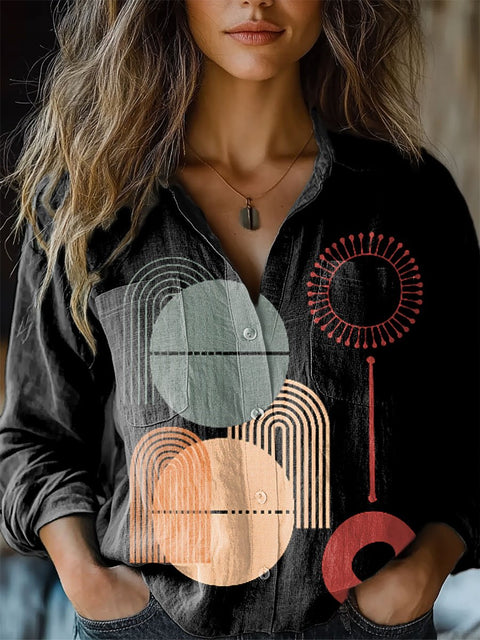Women's Geometry Retro Art  Print Casual Long Sleeve Comfortable Cotton Shirt