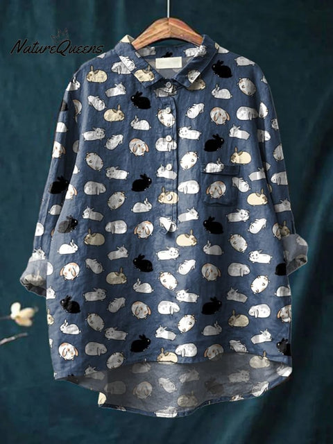 Women's Simple and Cute Cartoon Cat Print Casual Cotton And Linen Shirt