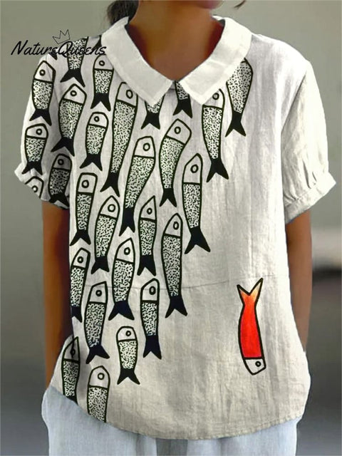 Be The Unique Fish Art Printed Women's Casual Cotton And Linen Shirt