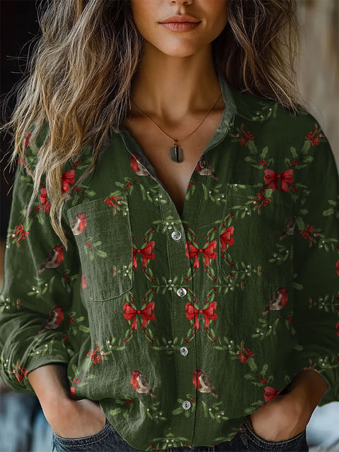 Women's  Retro Christmas Print Casual Long Sleeve Comfortable Cotton Shirt