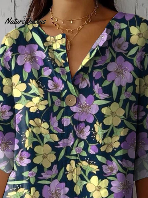 Retro Style Purple And Yellow Floral Pattern Printed Women's Casual Cotton Linen Shirt