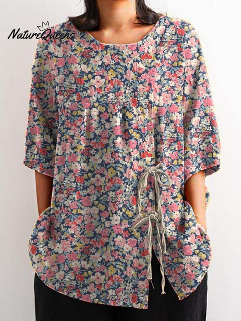 Retro Style Small Summer Floral Pattern Printed Women's Casual Cotton And Linen Shirt