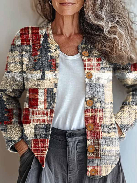 Women's Lovely Christmas Tree Patchwork Art Print Buttoned Cardigan Sweater
