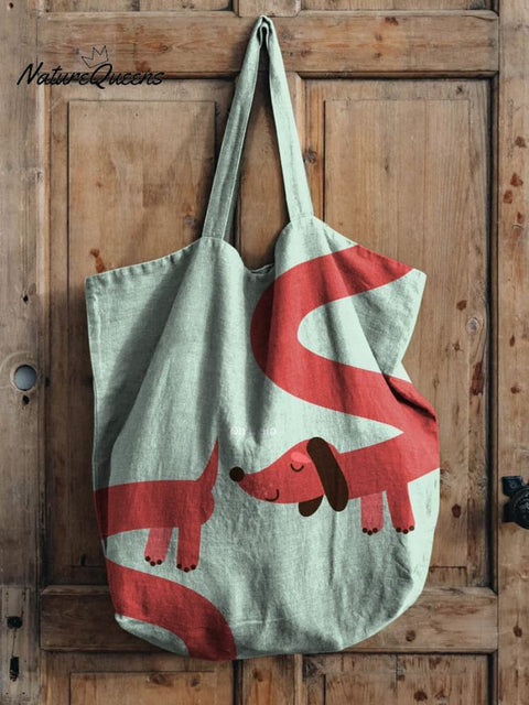 Funny Dachshund Dog Graphic Printed Linen Tote Bag