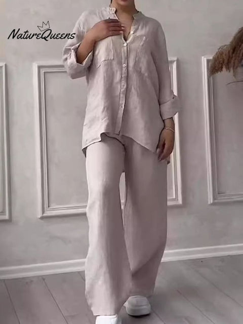 Women's Casual cotton and linen solid color shirt drawstring wide leg pants suit