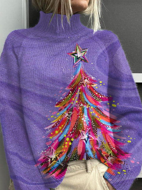 Magic Christmas Cozy Christmas Tree Print Knit Turtleneck Pullover Sweater