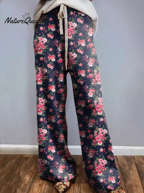 Romantic Rose Garden Pattern Printed Women's Comfortable Knitted Trousers