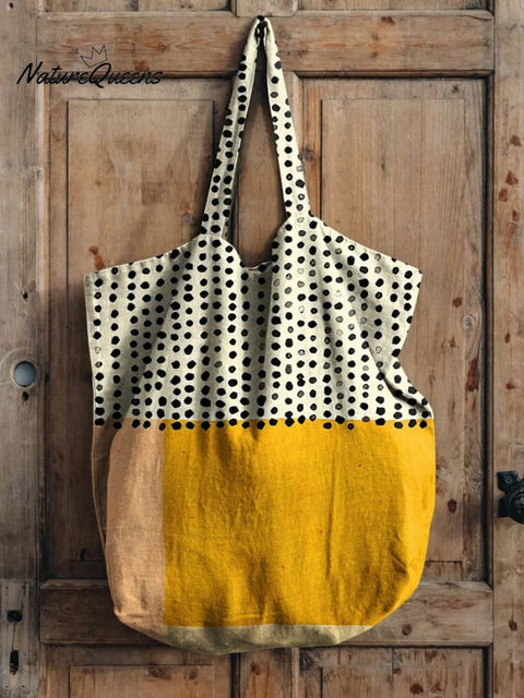 Polka Dot Yellow Colour-block Geometric Print Linen Tote Bag