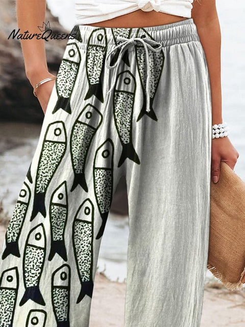 Be The Unique Fish Art Printed Women's Cotton And Linen Casual Pants