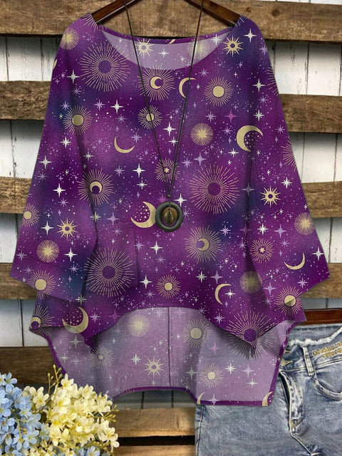 Hippie Style Moon And Star Astrology Pattern Printed Women's Casual Long Sleeve Comfortable Cotton Top