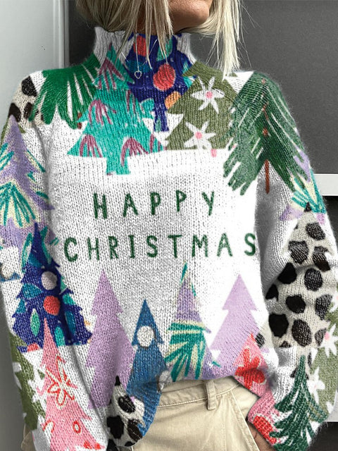 Colorful Cartoon Christmas Tree Print Knit Turtleneck Pullover Sweater