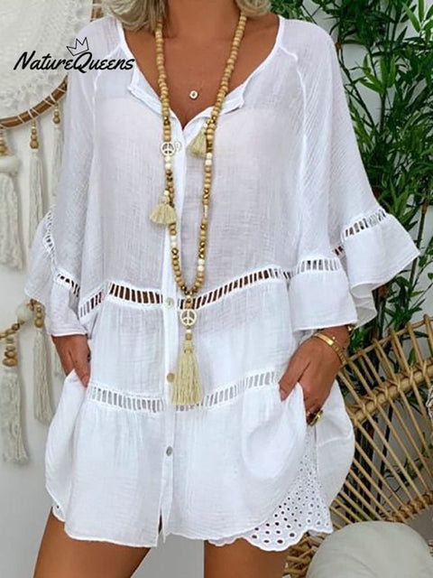 Mid Sleeve Cotton And Linen V - Neck Shirt Dresses White / S