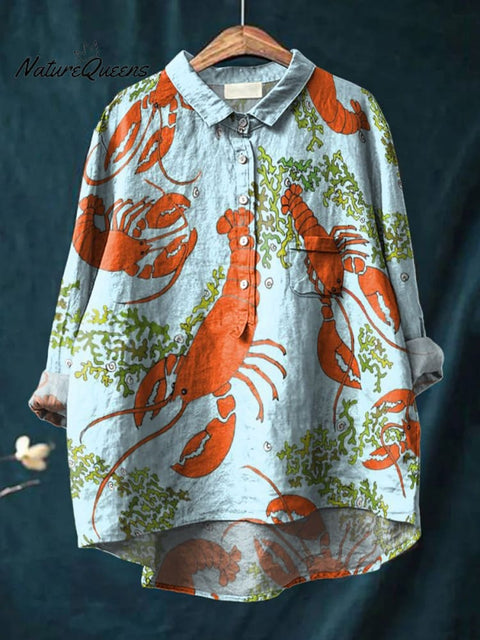 Lobster and Waterweed Decorative Pattern Casual Cotton And Linen Shirt