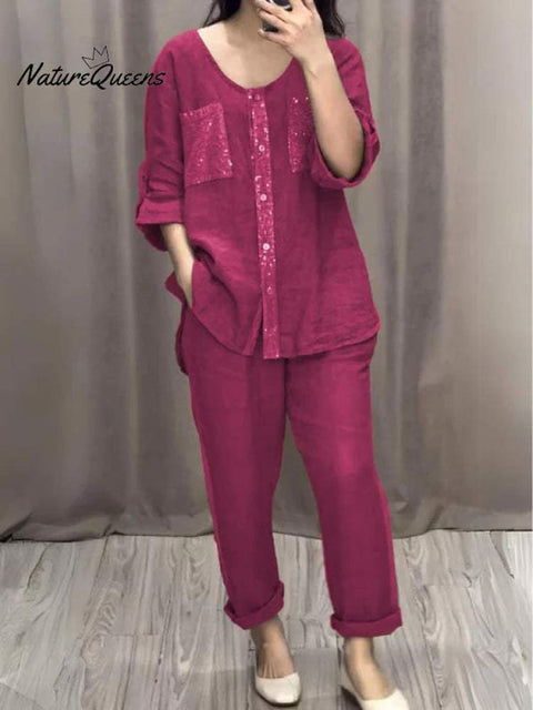 Cotton and Linen Sequined Round Neck Mid-sleeve Two-piece Suit