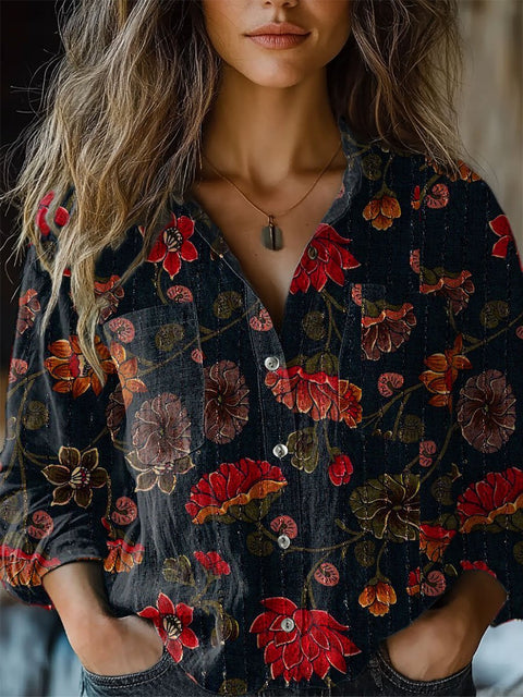Women's Retro  Floral Print  Casual Long Sleeve Comfortable Cotton Shirt