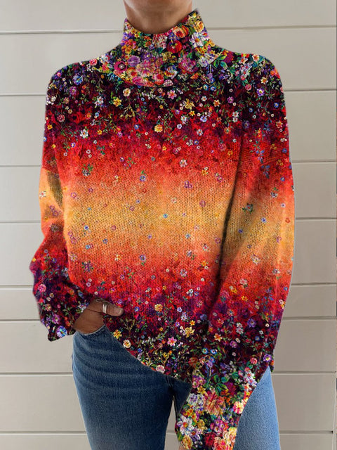 Red Gradient Floral Art Print Knit Turtleneck Pullover Sweater