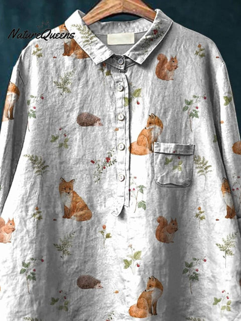 Little Forest Wildlife Pattern Printed Women's Casual Cotton And Linen Shirt