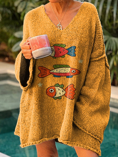 Cartoon Fish Graphic Printed Women's Casual Pullover Sweater